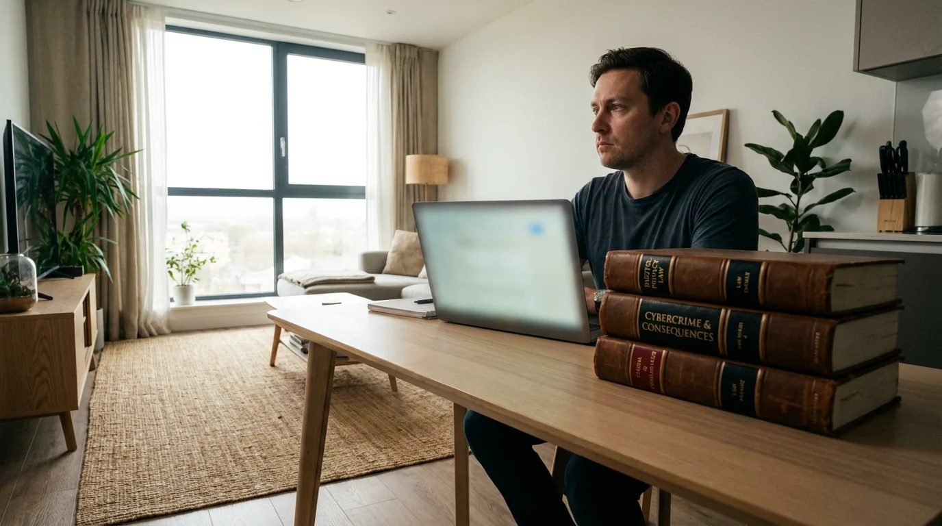 Person at desk with a laptop and law books contemplating the legal consequences.