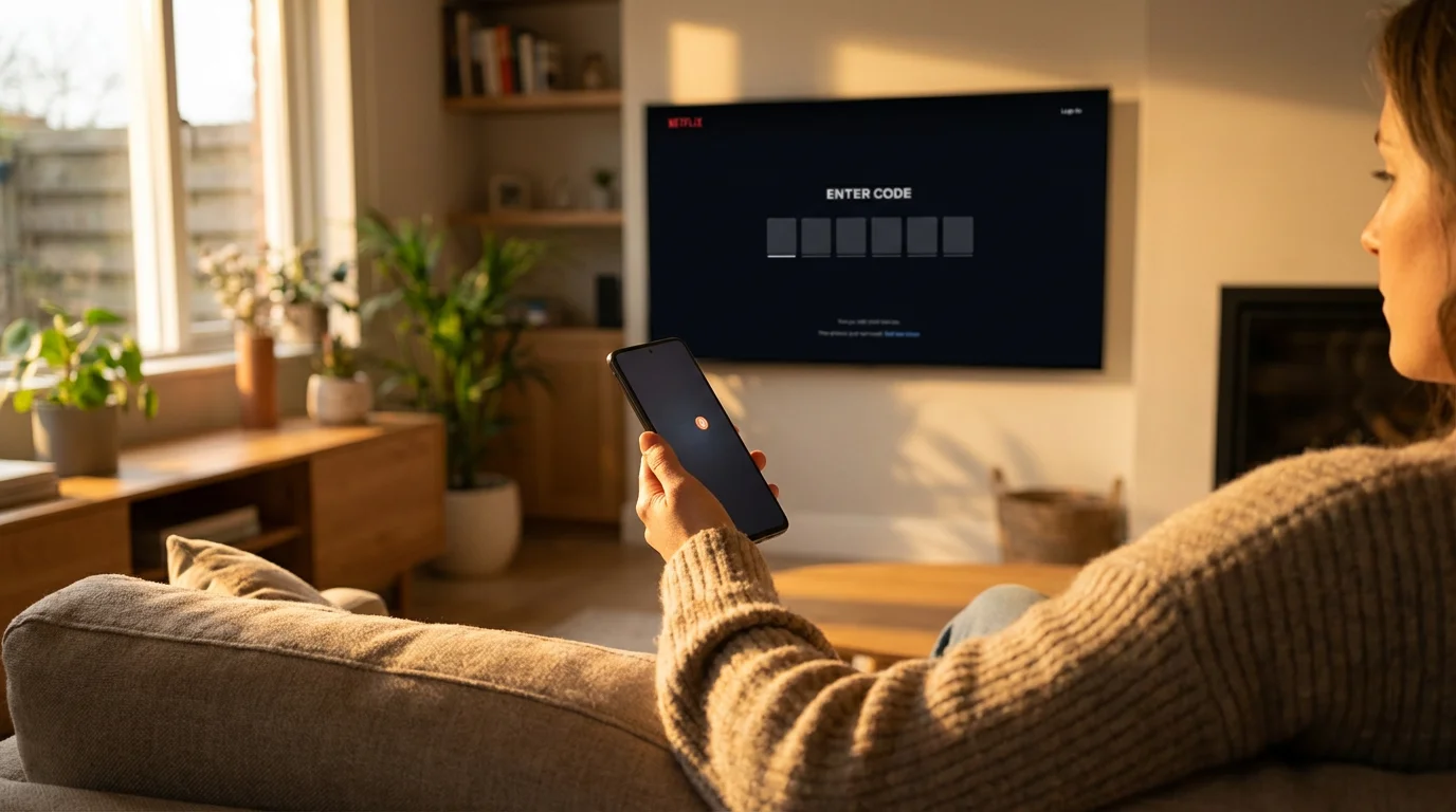 Person holding a phone to complete two-factor authentication on a television in their living room.