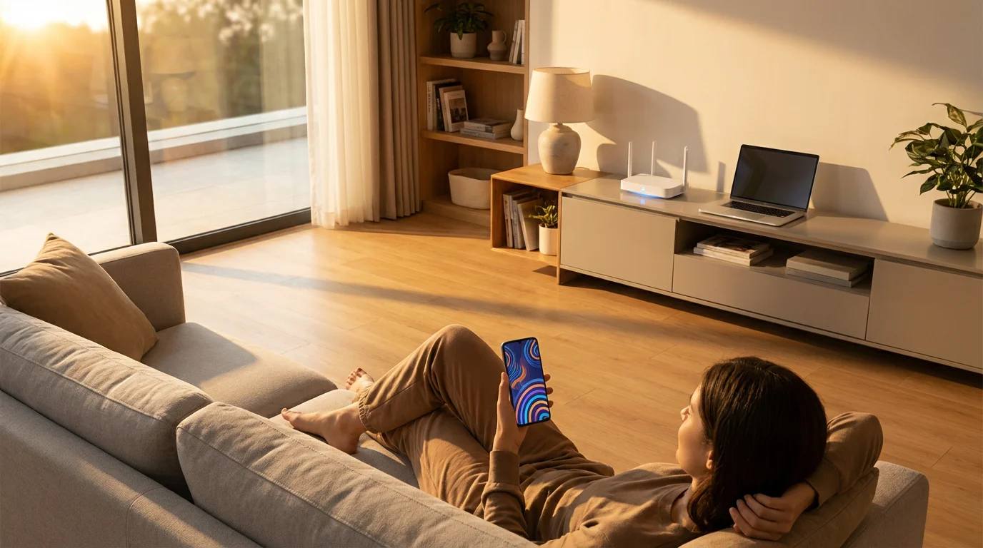 Person in a modern living room using a smartphone app to analyze Wi-Fi signals.