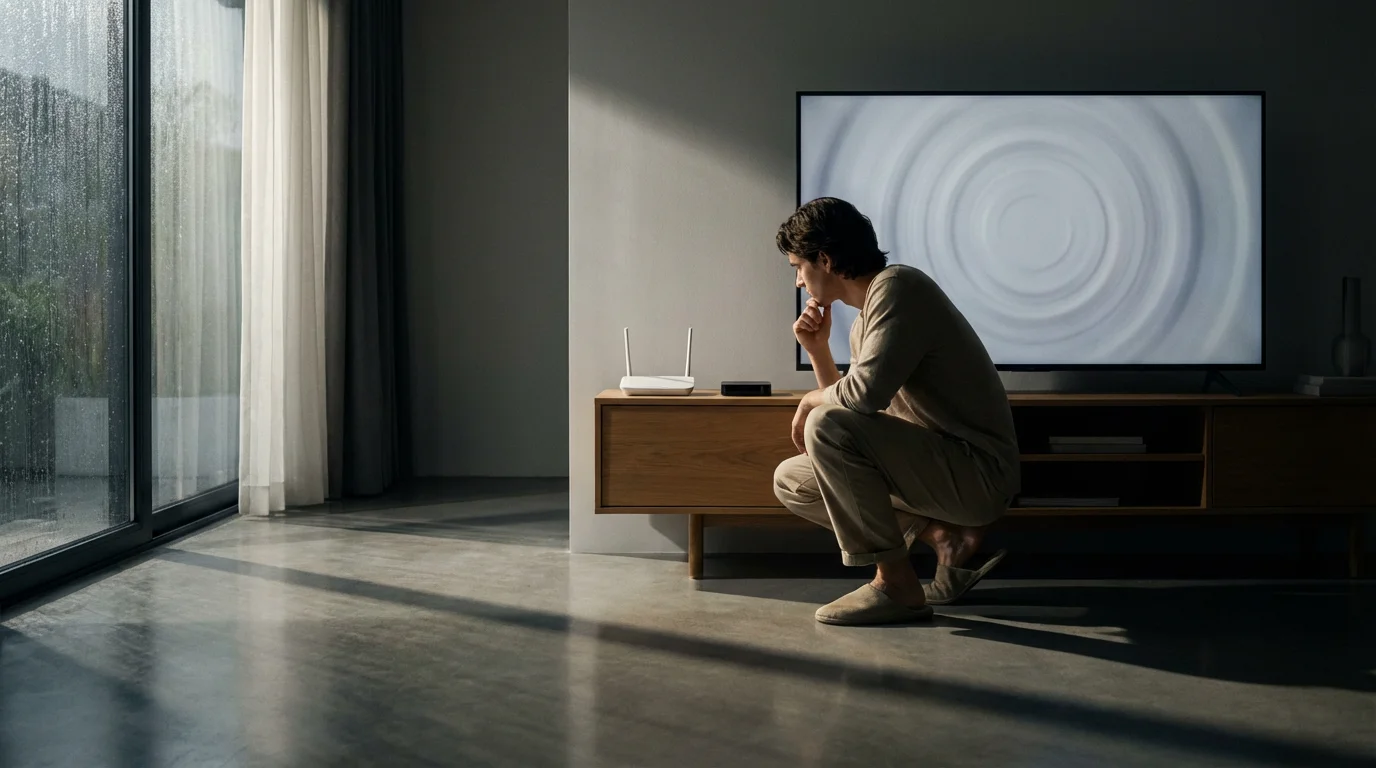 Person in a modern living room with long shadows, examining a Wi-Fi router.