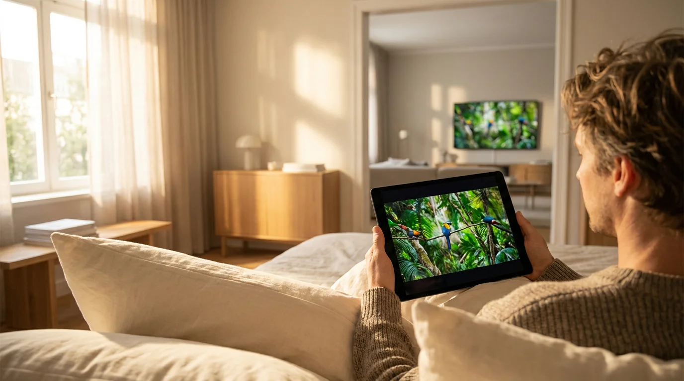 Person in bed continuing a show on a tablet that was paused on their TV.