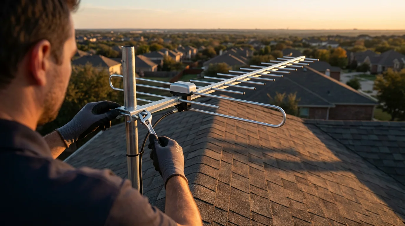 Person installing an outdoor TV antenna on a residential rooftop at sunset for signal.