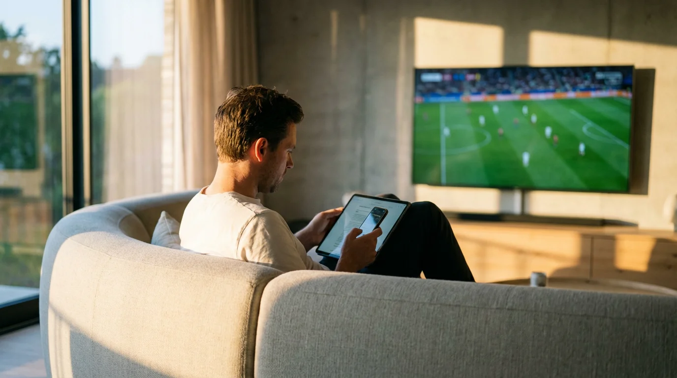 Person on a sofa holding a tablet and phone with a TV behind them.