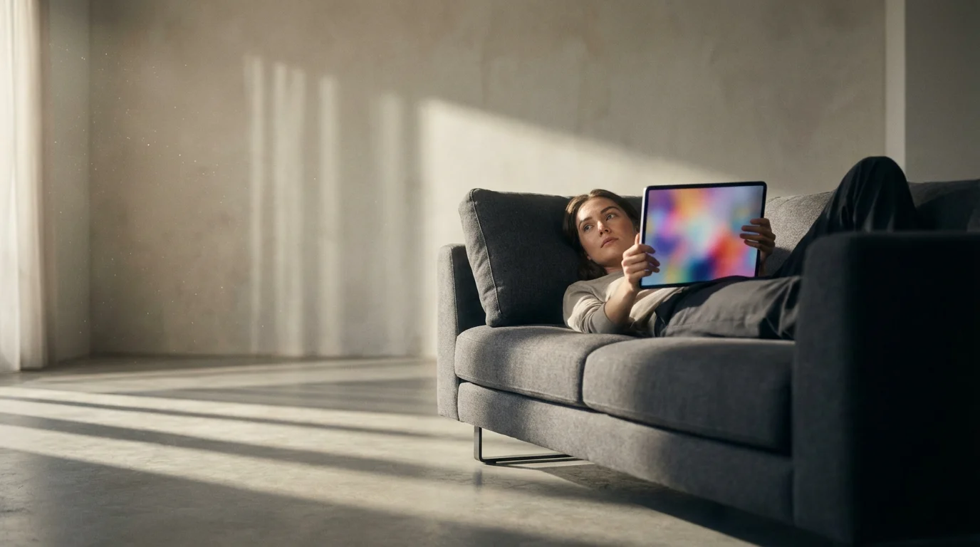 Person on a sofa in a sunlit room watching content on a glowing tablet.