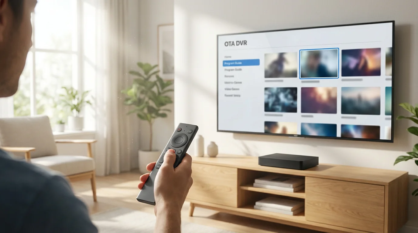 Person uses a remote to record live TV on a modern OTA DVR system.