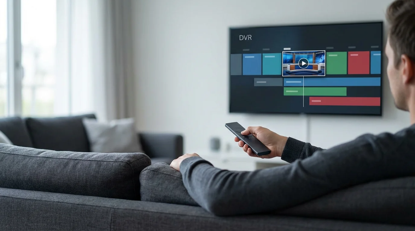 Person using a remote to play a recorded news show from a TV DVR interface.