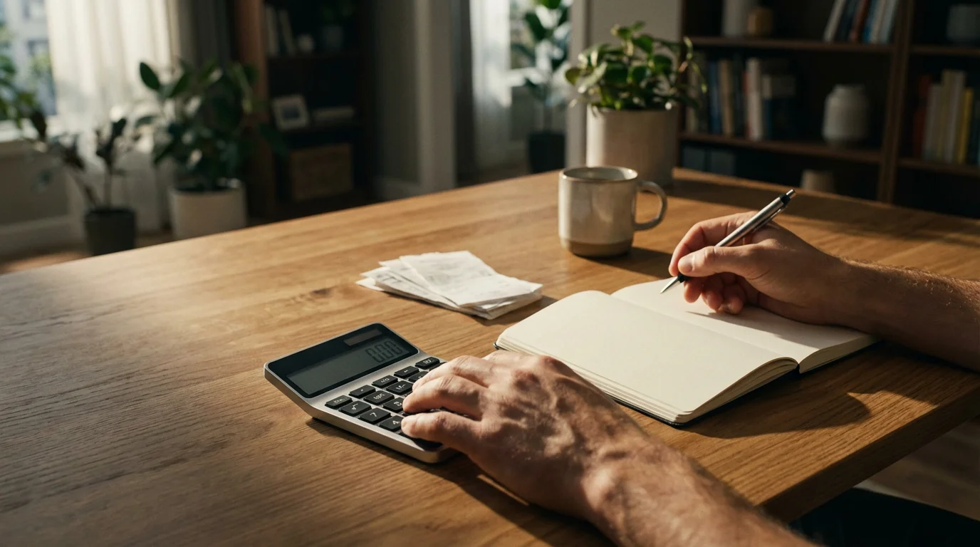 Person's hands using a calculator at a desk to manage household streaming subscription costs.