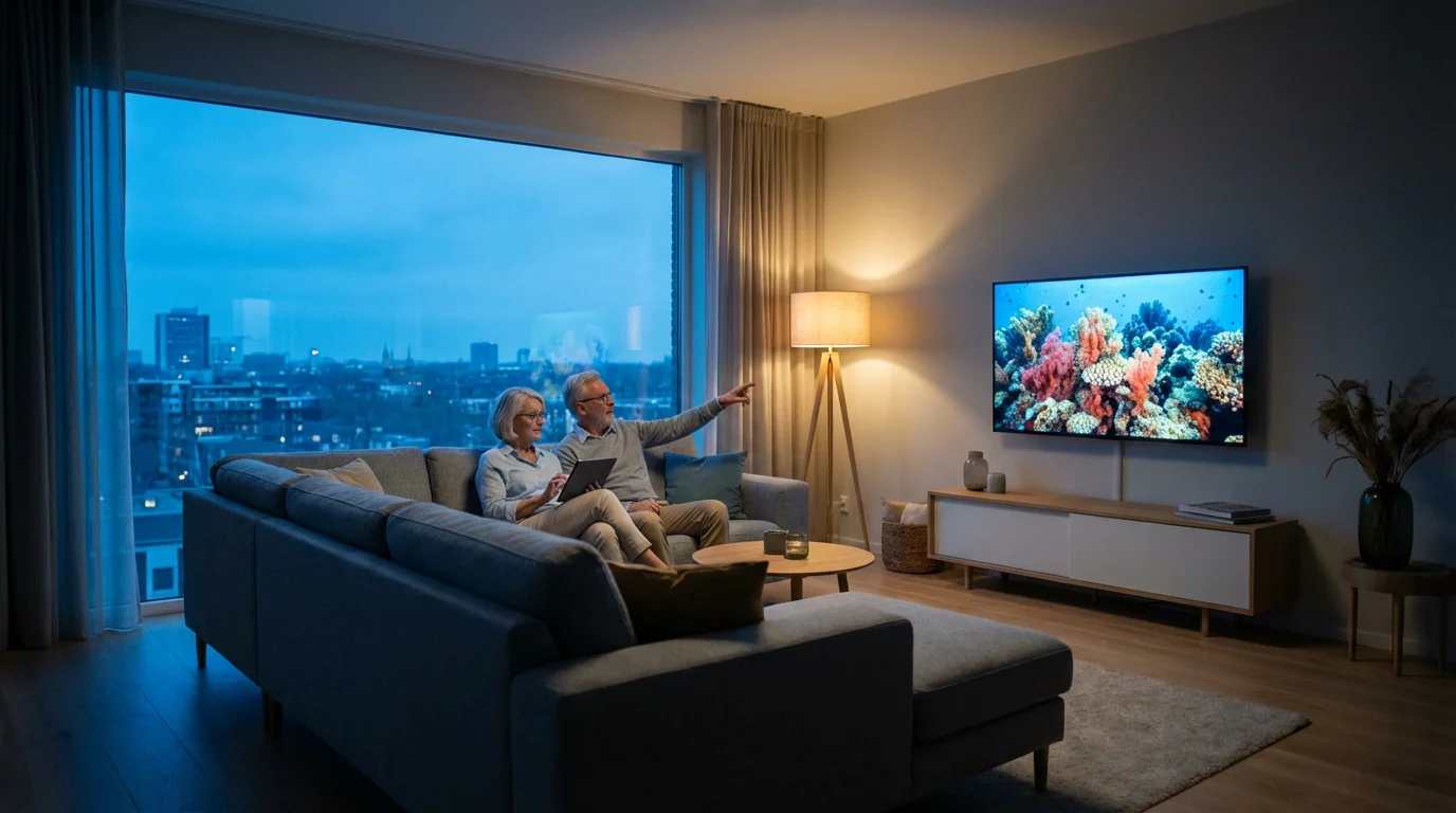 Retired couple relaxing in a modern living room watching TV at twilight.
