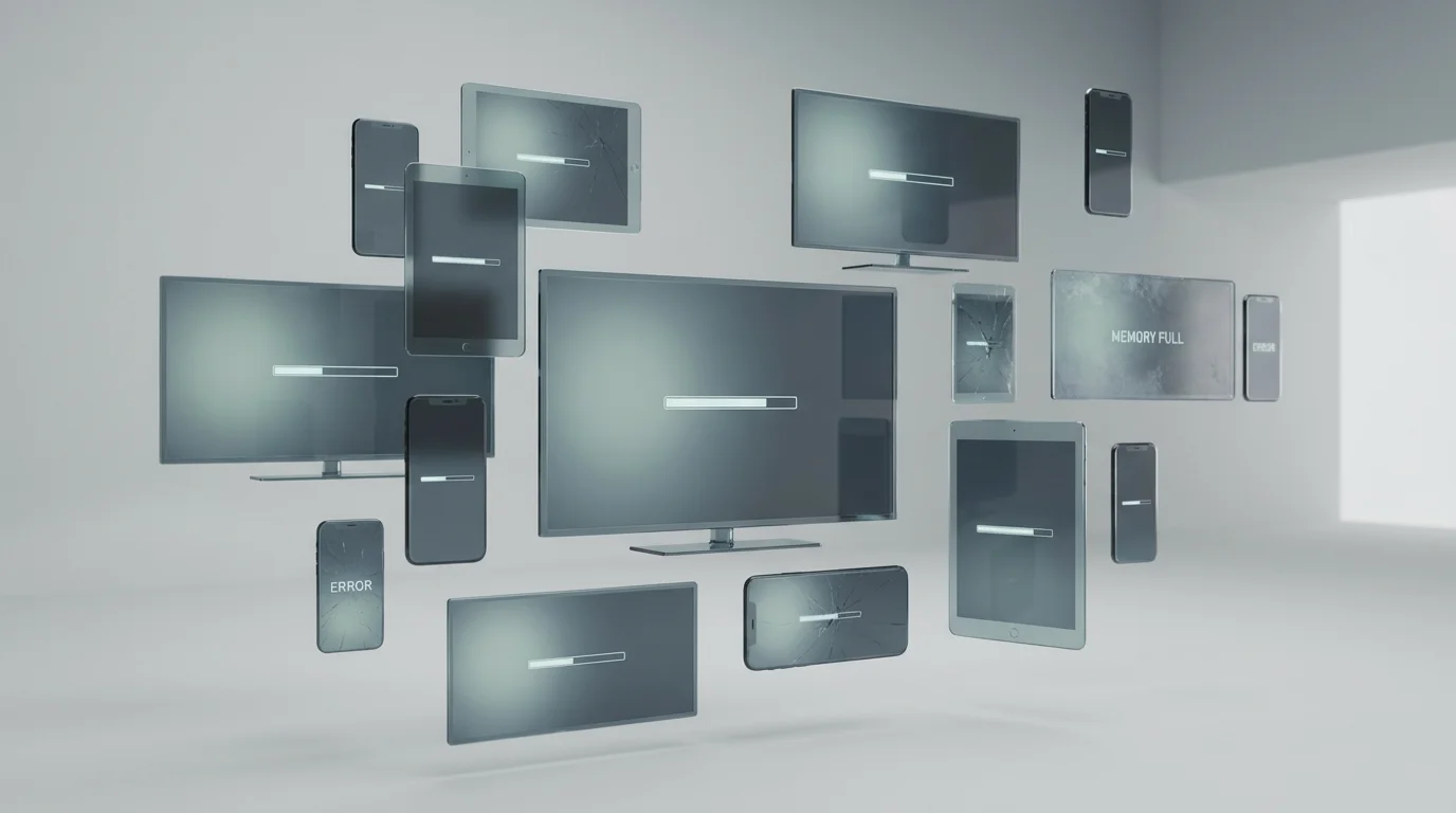 Several floating 3D screens of various sizes showing progress bars to represent device and download limits.