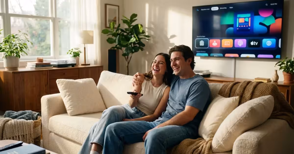 A happy couple sitting on a sofa in a sunlit living room, holding a remote control and watching a streaming service.