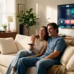 A happy couple sitting on a sofa in a sunlit living room, holding a remote control and watching a streaming service.