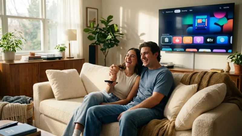 A happy couple sitting on a sofa in a sunlit living room, holding a remote control and watching a streaming service.