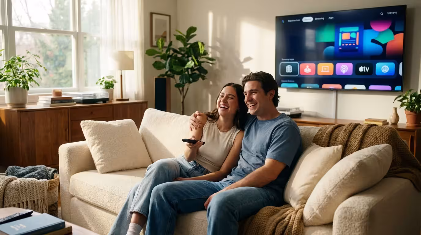 A happy couple sitting on a sofa in a sunlit living room, holding a remote control and watching a streaming service.