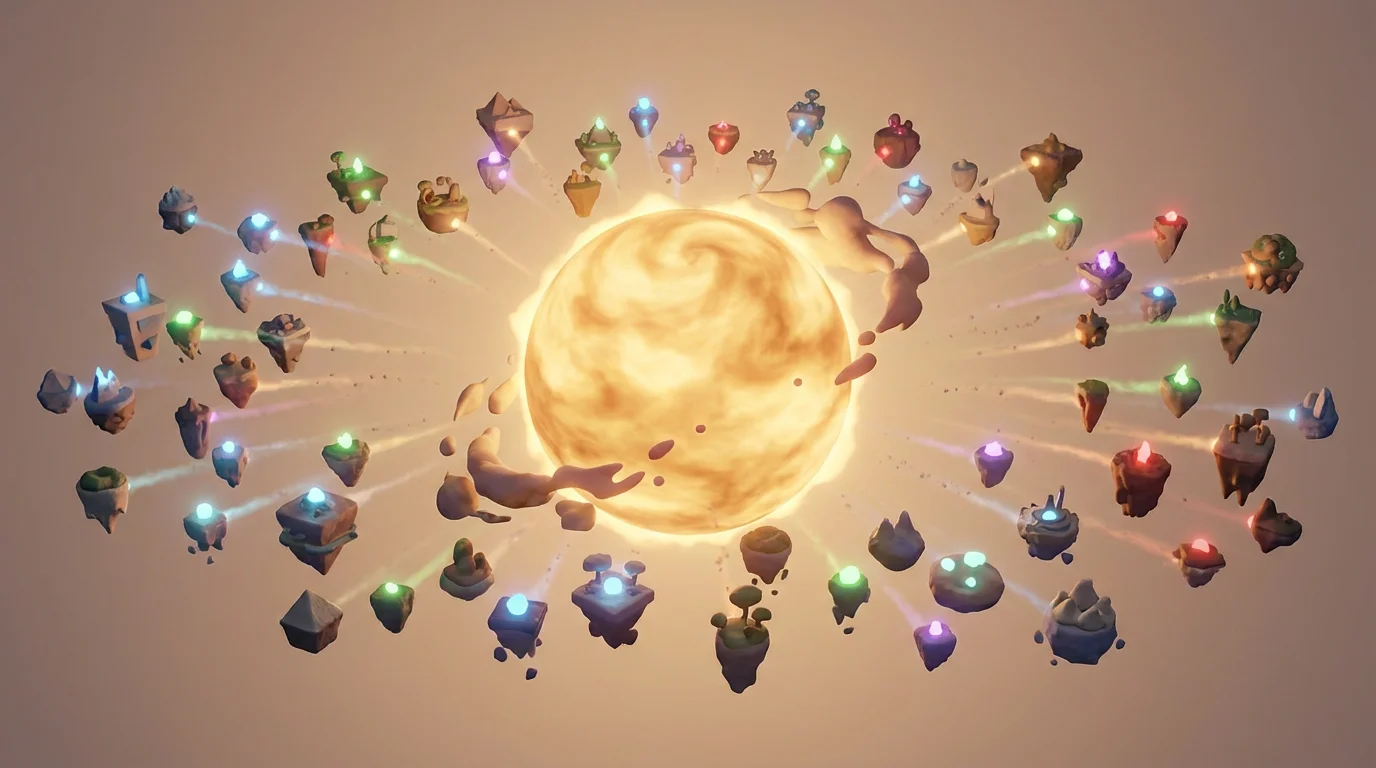 Small floating digital islands being pulled toward a large central light source.