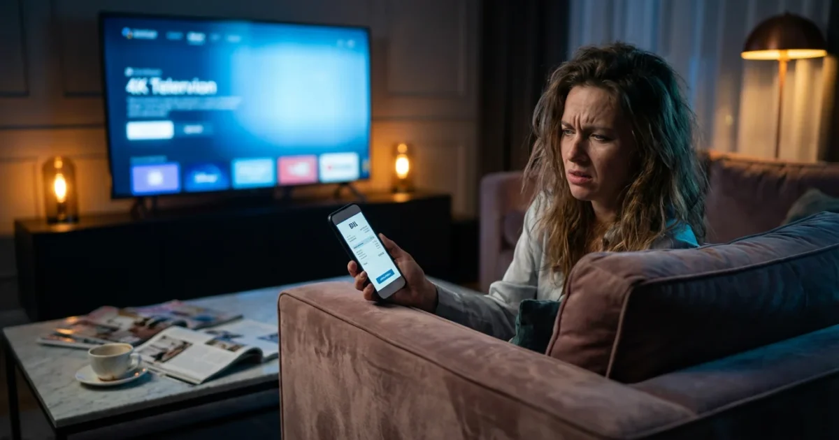 A woman looks concerned at a billing statement on her phone in a modern living room.