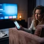 A woman looks concerned at a billing statement on her phone in a modern living room.