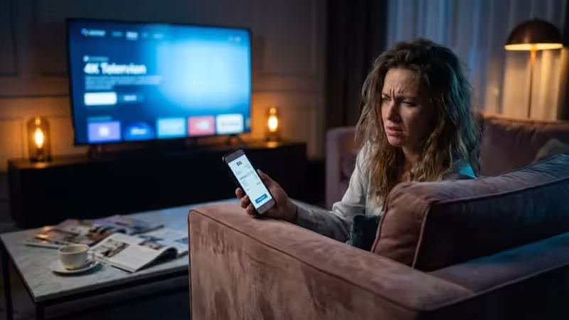 A woman looks concerned at a billing statement on her phone in a modern living room.