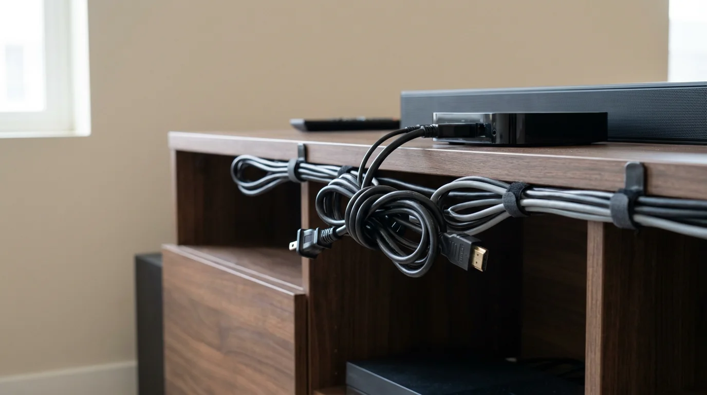 Tangled black cables behind a modern media center symbolizing complex third-party billing arrangements.