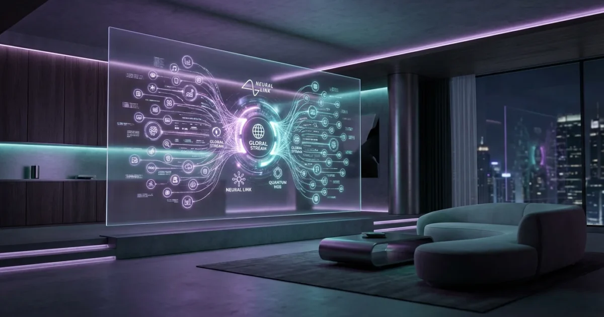 A futuristic 3D render of a glowing screen showing streaming services merging together in a dark, modern room.