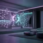 A futuristic 3D render of a glowing screen showing streaming services merging together in a dark, modern room.