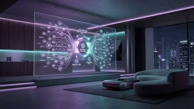 A futuristic 3D render of a glowing screen showing streaming services merging together in a dark, modern room.