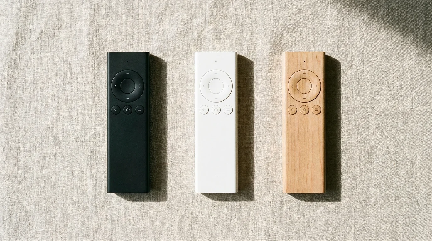 Three different simple TV remotes laid out neatly for comparison.
