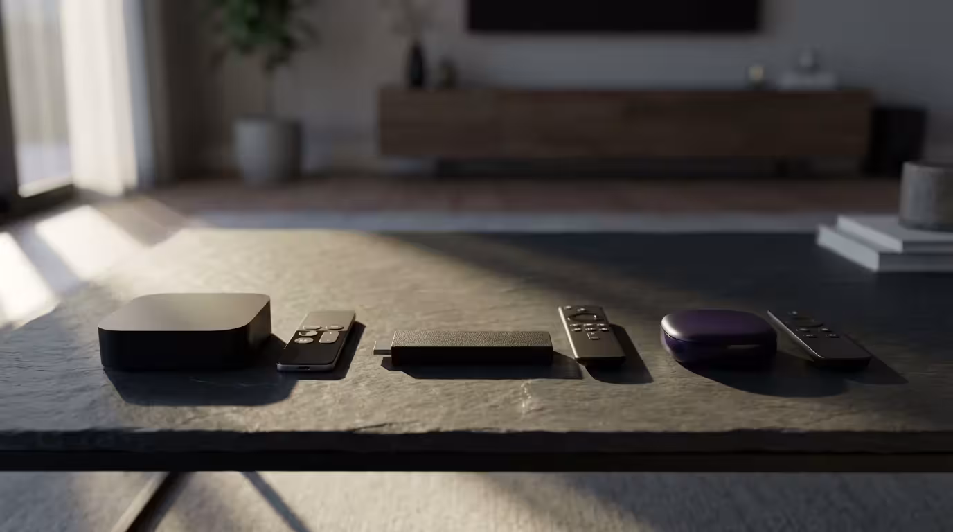 Three different streaming media devices and remotes sit on a table in dramatic afternoon light.