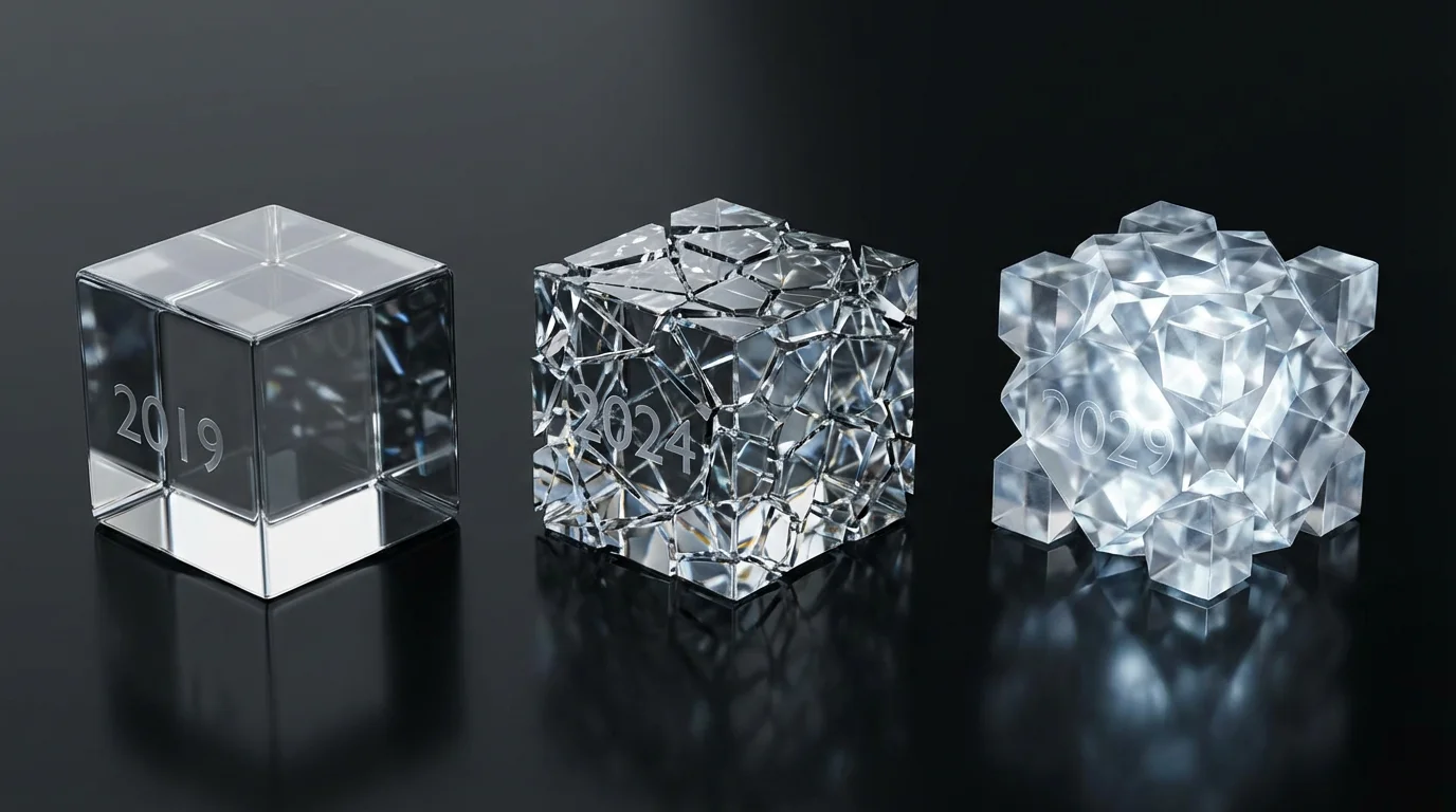 Three glass cubes evolving from simple to complex, representing the timeline of streaming.
