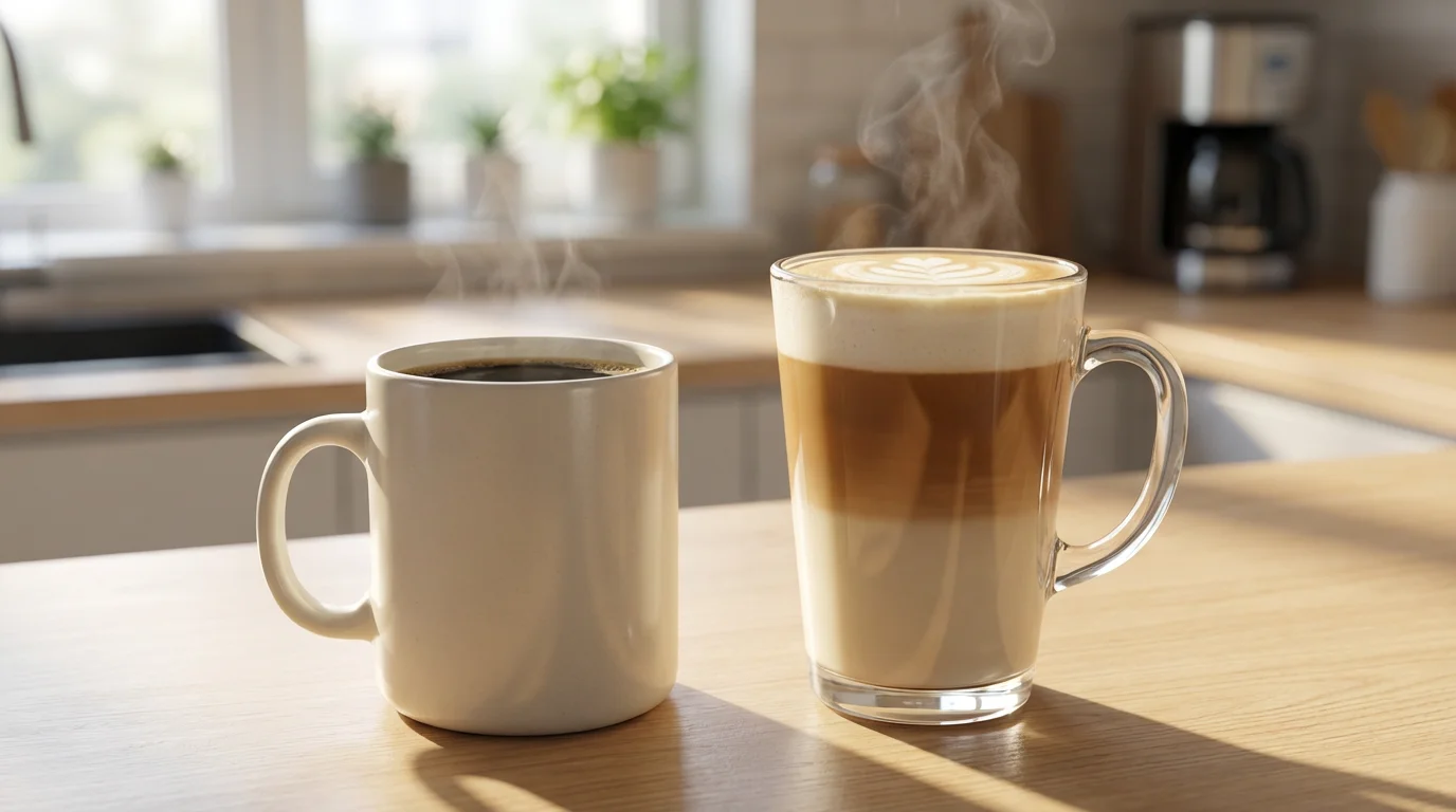 Two different coffee cups, one simple and one premium, on a sunlit kitchen counter.
