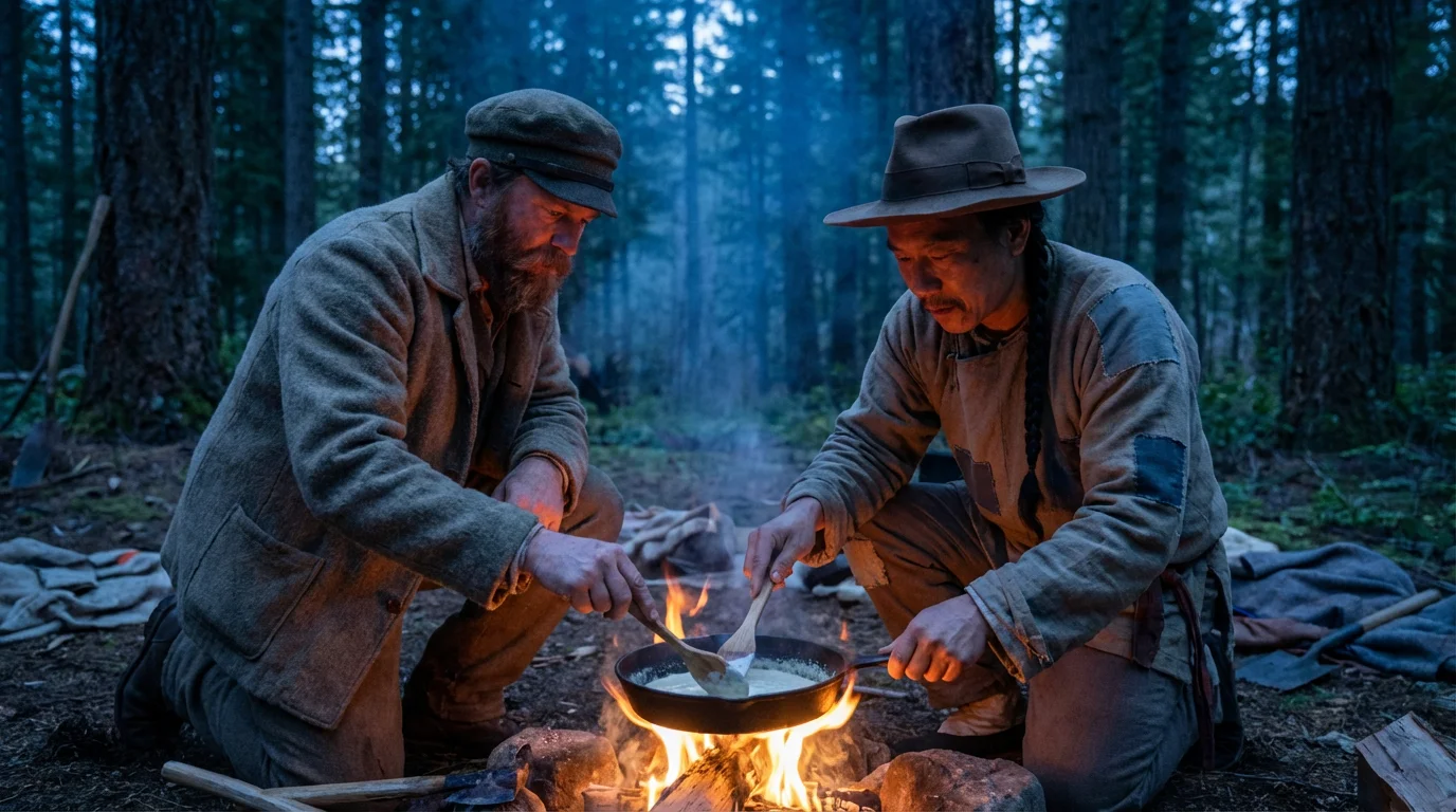 Two men in 19th-century clothing cooking together over a campfire in a forest at dusk.