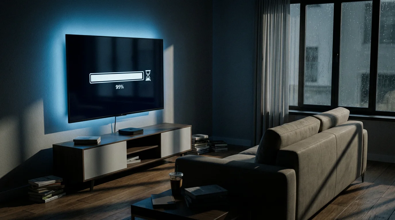 Wide shot of a living room with a TV screen showing a frozen update loading bar.
