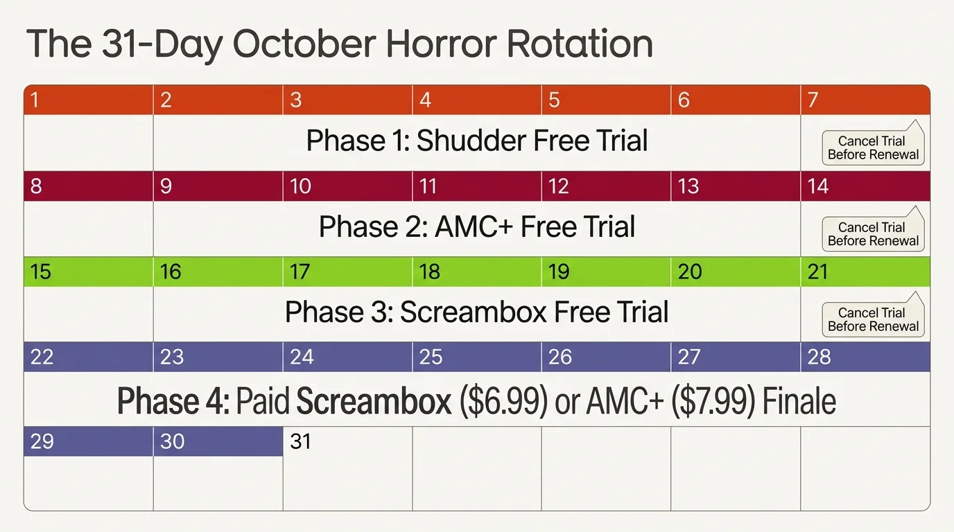 Calendar chart mapping a 31-day October horror streaming rotation across four phases with trial cancellation markers.