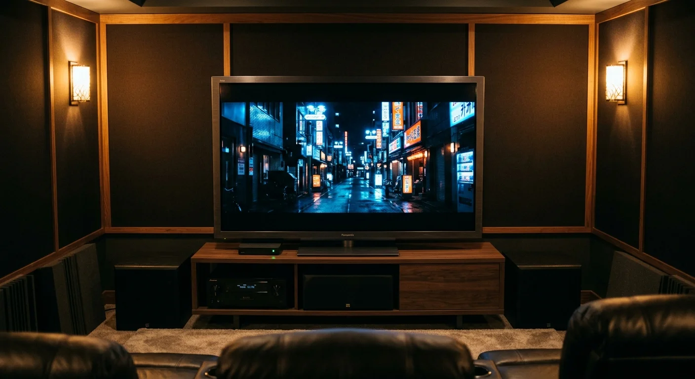 A large flat-screen television displaying a nighttime city street in a home theater room with warm wall sconces.