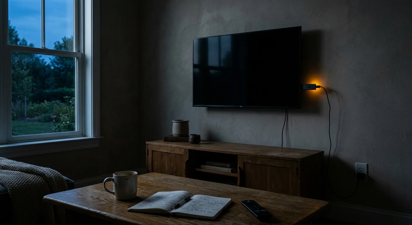 A dark living room with a glowing streaming stick plugged into a mounted television screen beside a window.