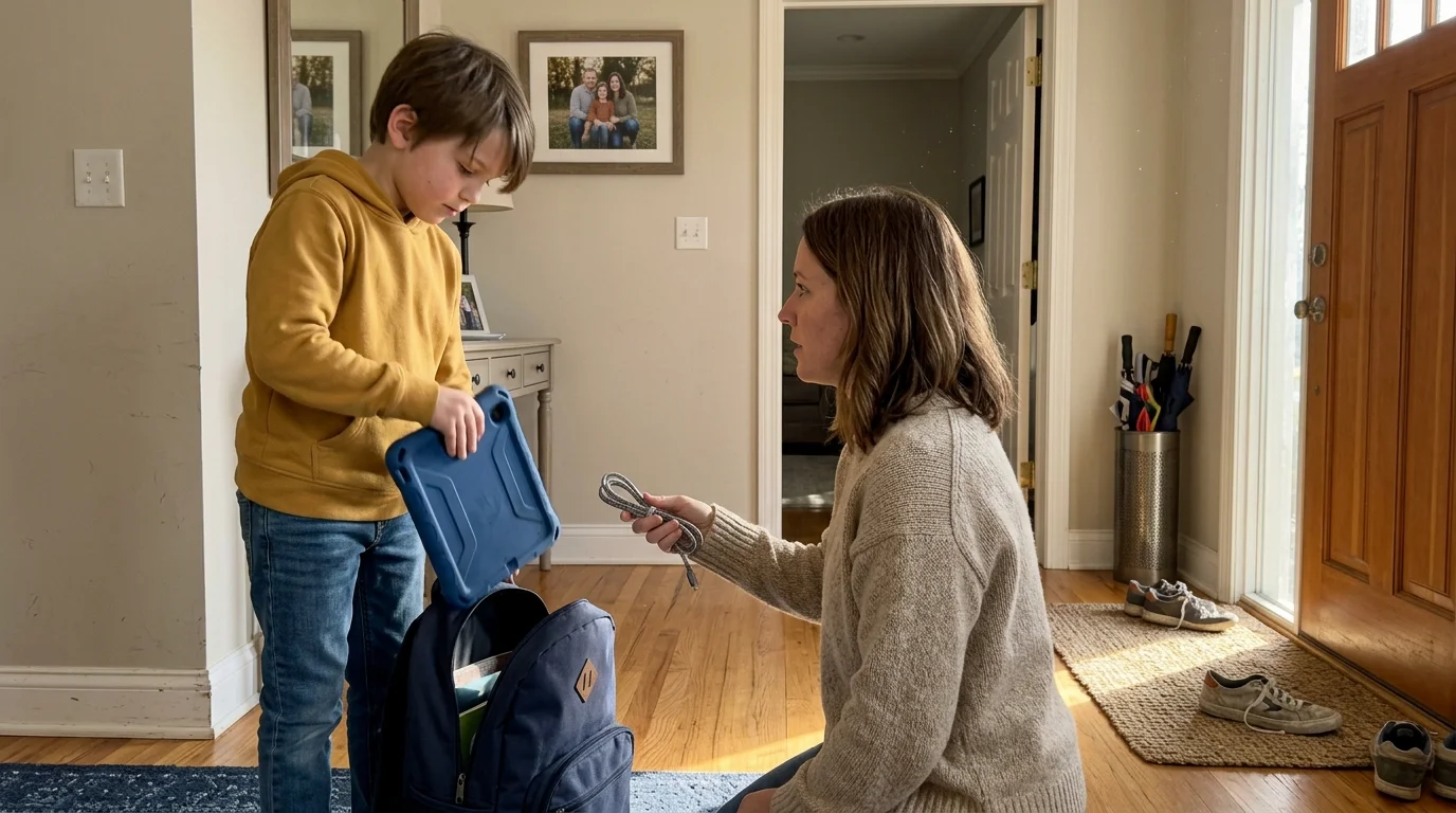 A boy in a yellow hoodie puts a blue tablet into a backpack while a woman kneels beside him holding a charging cable.