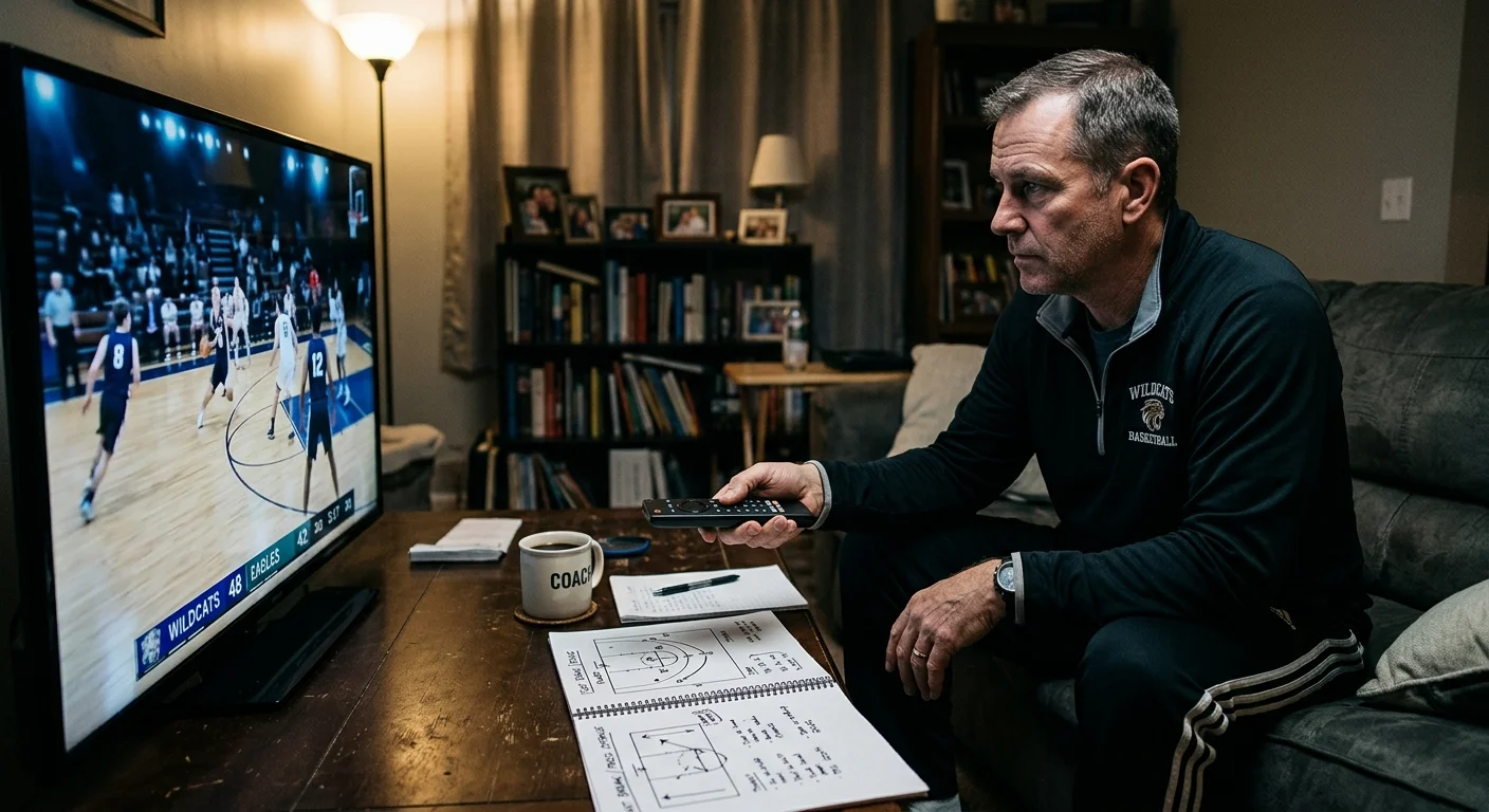 A basketball coach sits on a couch holding a remote, watching a game on TV beside an open playbook.