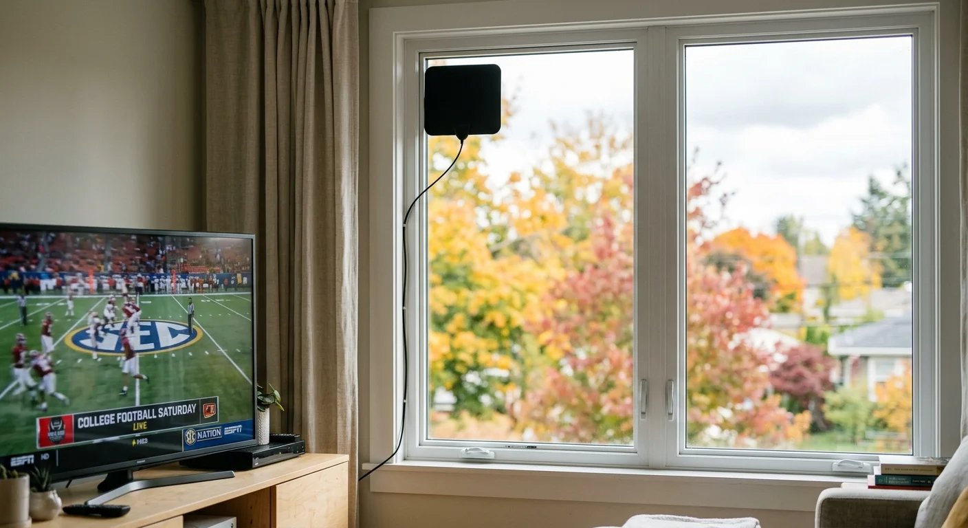 A flat black digital antenna mounted on a window next to a TV playing a college football game.