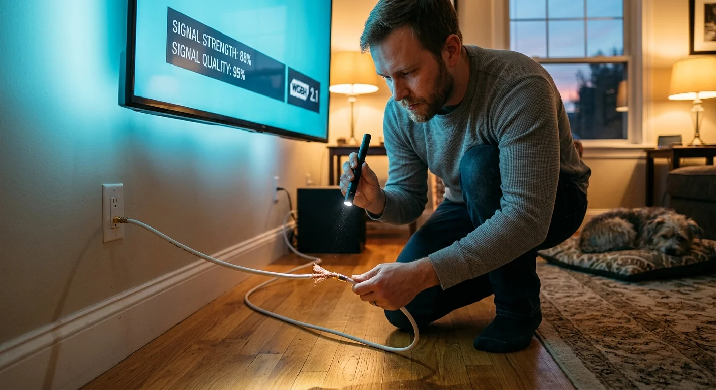 Man kneels on a living room floor using a flashlight to inspect a frayed coaxial cable beneath a wall-mounted TV.