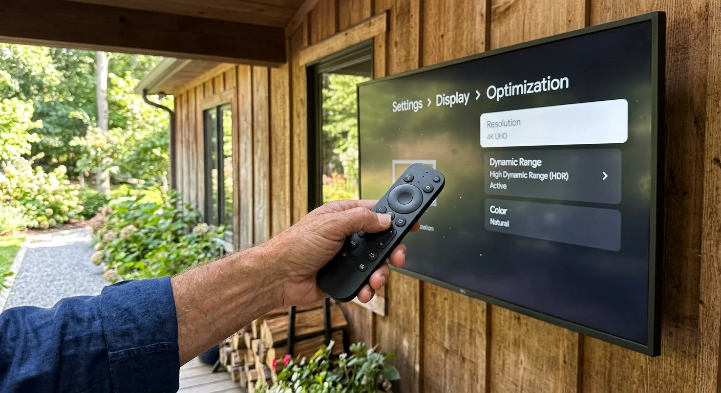 A person aims a black remote at an outdoor TV mounted on a wooden wall, showing display optimization settings.