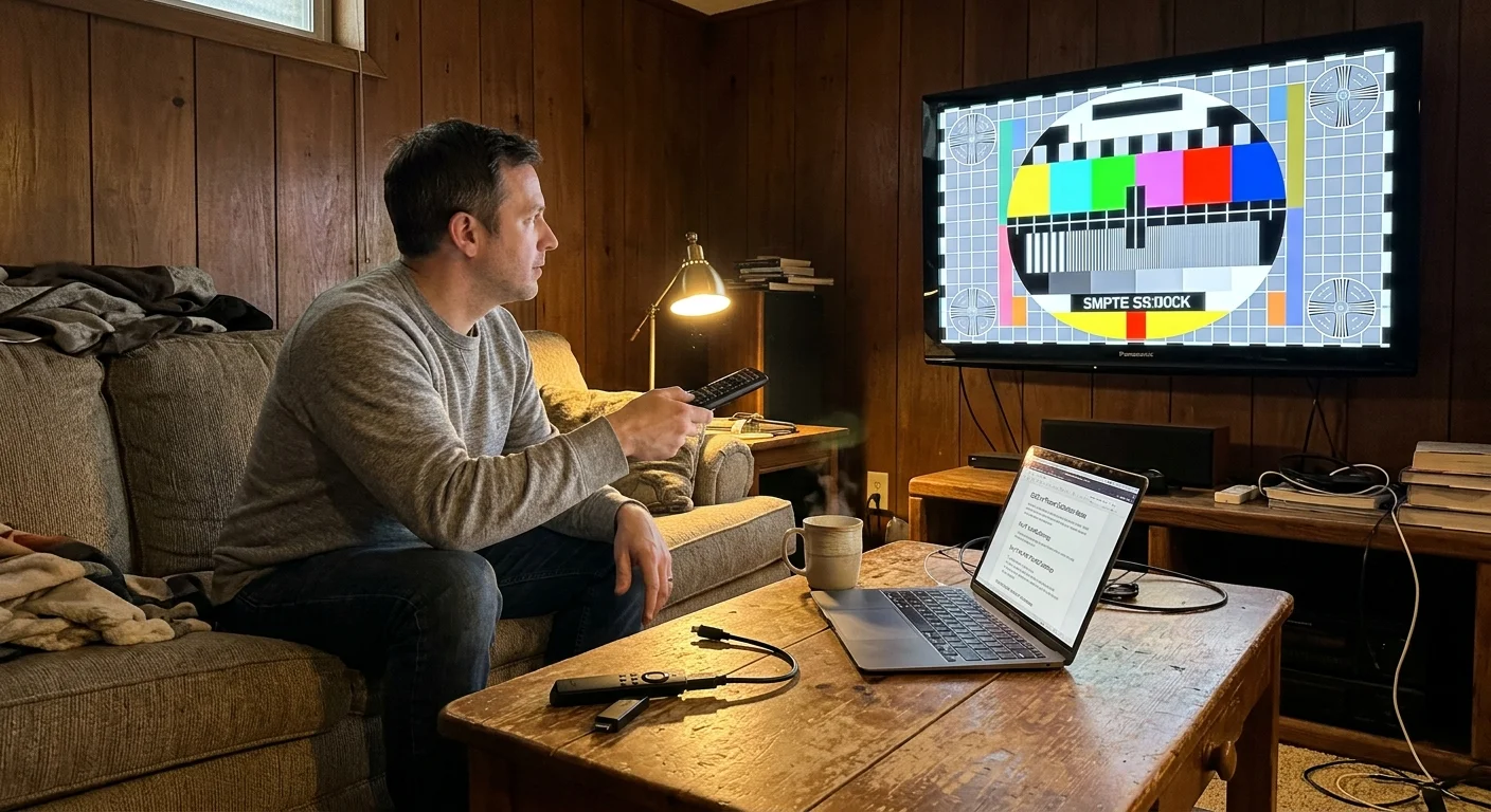 A man on a couch holds a remote toward a TV showing a calibration test pattern, with a laptop on the coffee table.