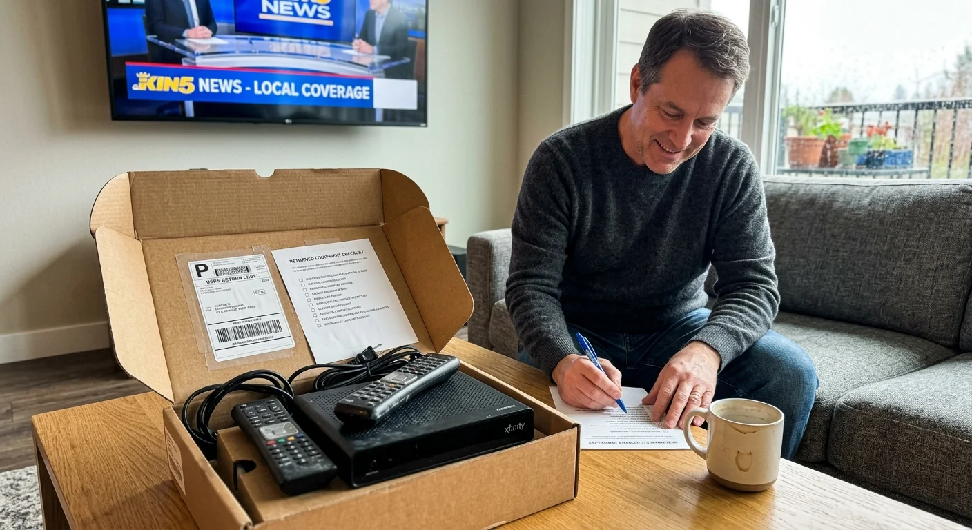 Man filling out paperwork next to an open cardboard box packed with a cable box, remotes, and return label.