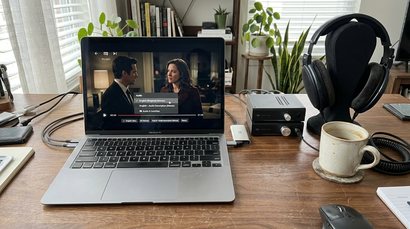 Laptop on a wooden desk streaming video beside a desktop amplifier, connected headphones, and a mug.