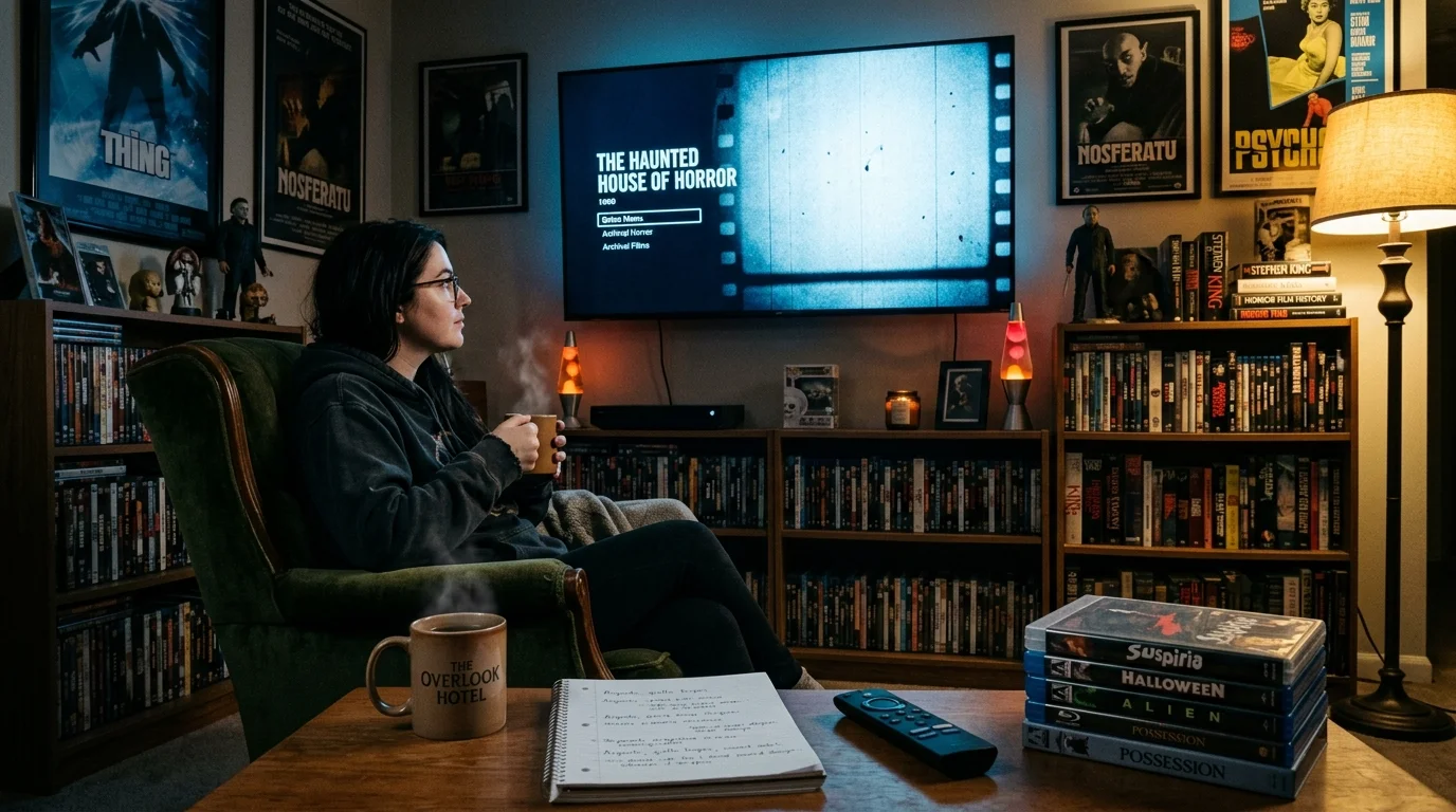 Person in an armchair holding a mug while watching a TV screen surrounded by horror posters, bookshelves, and media discs.