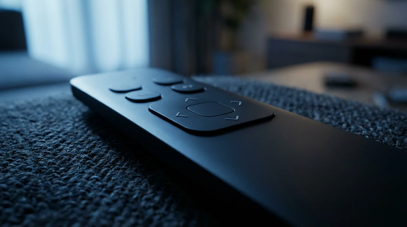 A macro photograph of a modern black remote control on a textured fabric surface.