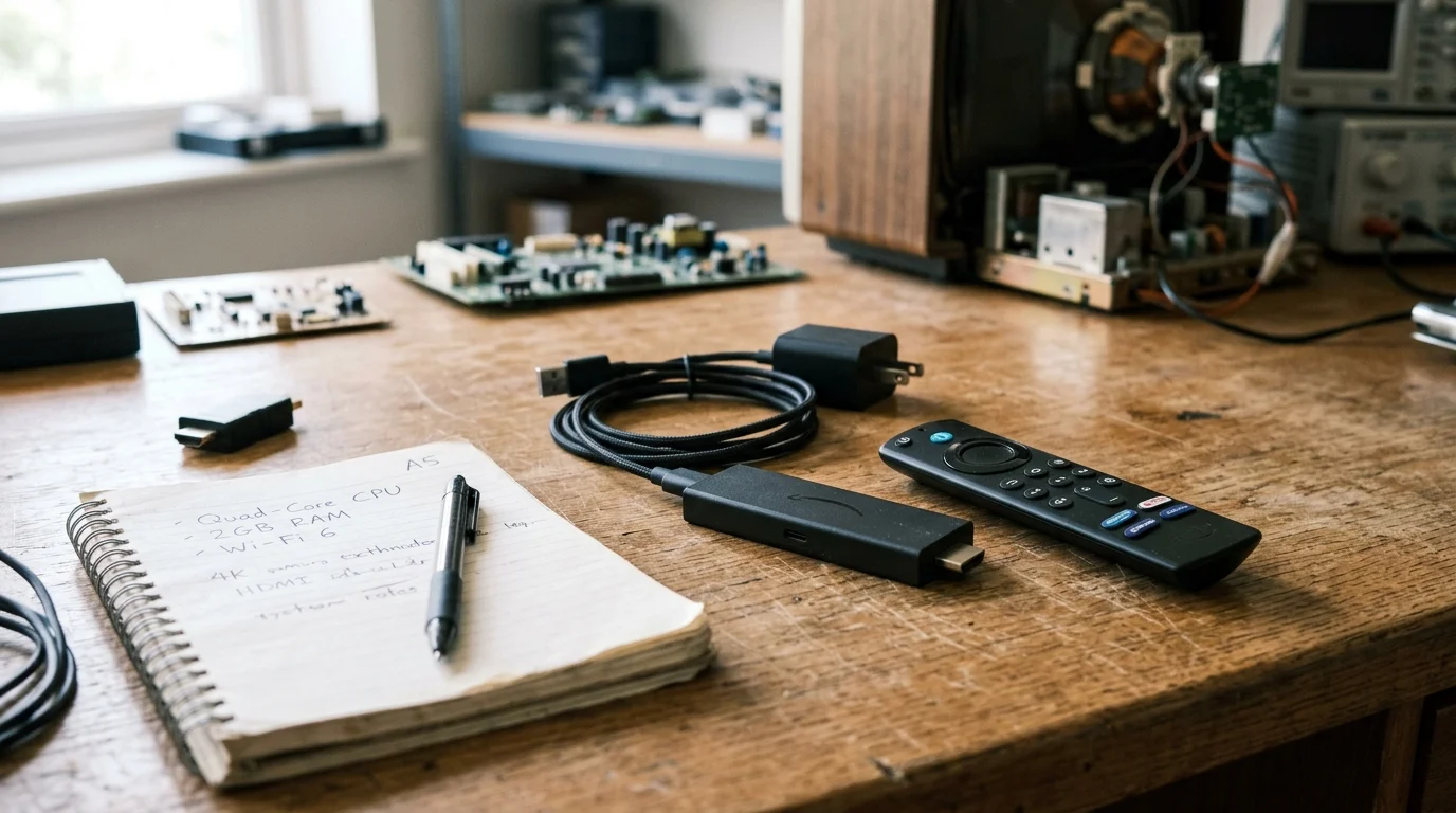 Streaming stick, remote control, power adapter, and handwritten notes on a wooden workshop desk with electronics.