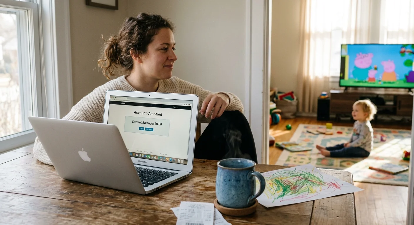 A woman sits at a table with an "Account Canceled" laptop screen while a toddler watches television nearby.