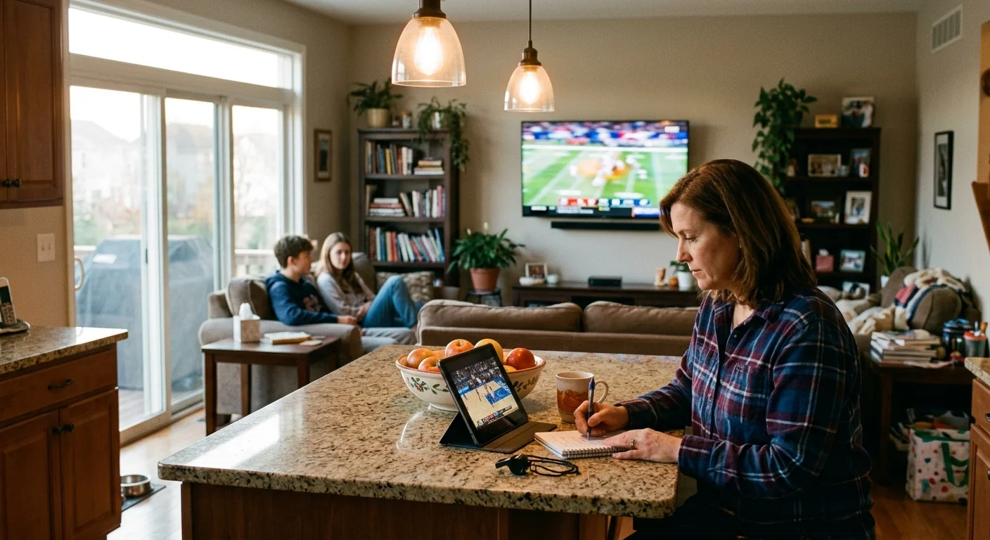 A woman takes notes by a tablet showing basketball at a kitchen island while teenagers sit on a living room couch.