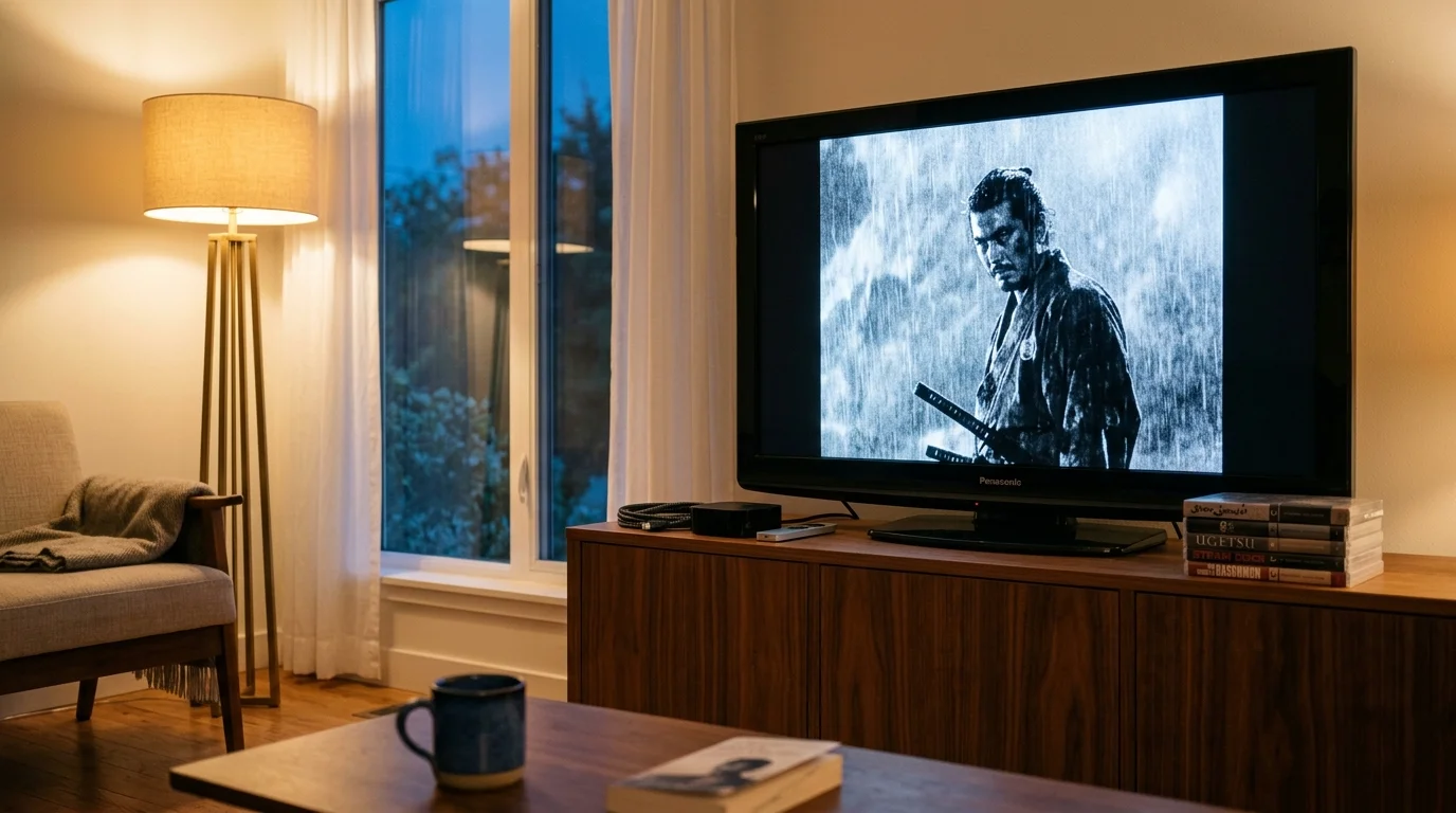 A Panasonic TV on a wooden console playing a black-and-white samurai movie in a dimly lit living room.