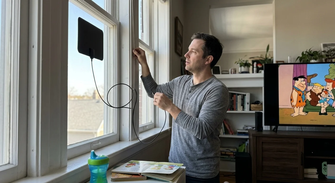 Man sticking a flat black digital antenna onto a window beside a television playing a cartoon in a living room.