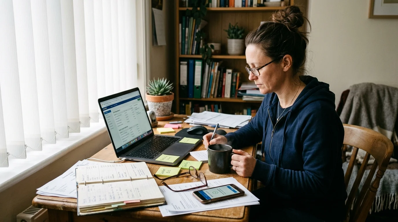 A woman sitting at a wooden desk with a laptop, notebooks, bills, and a mug by a window.